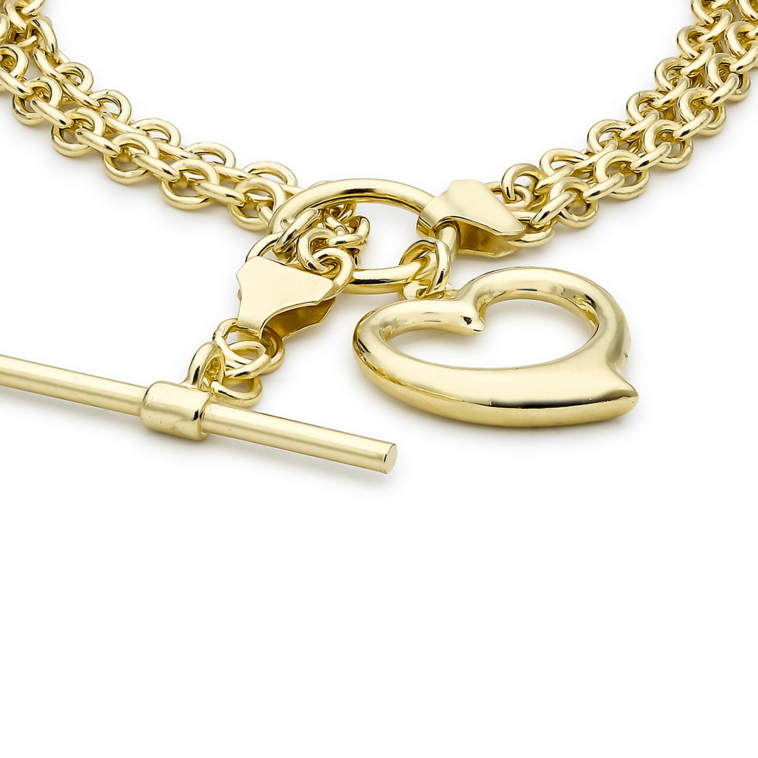 9K Yellow Gold 16.5mm X 18mm Heart 2 Strand Belcher Chain T Bar Bracelet 7.5 Inch