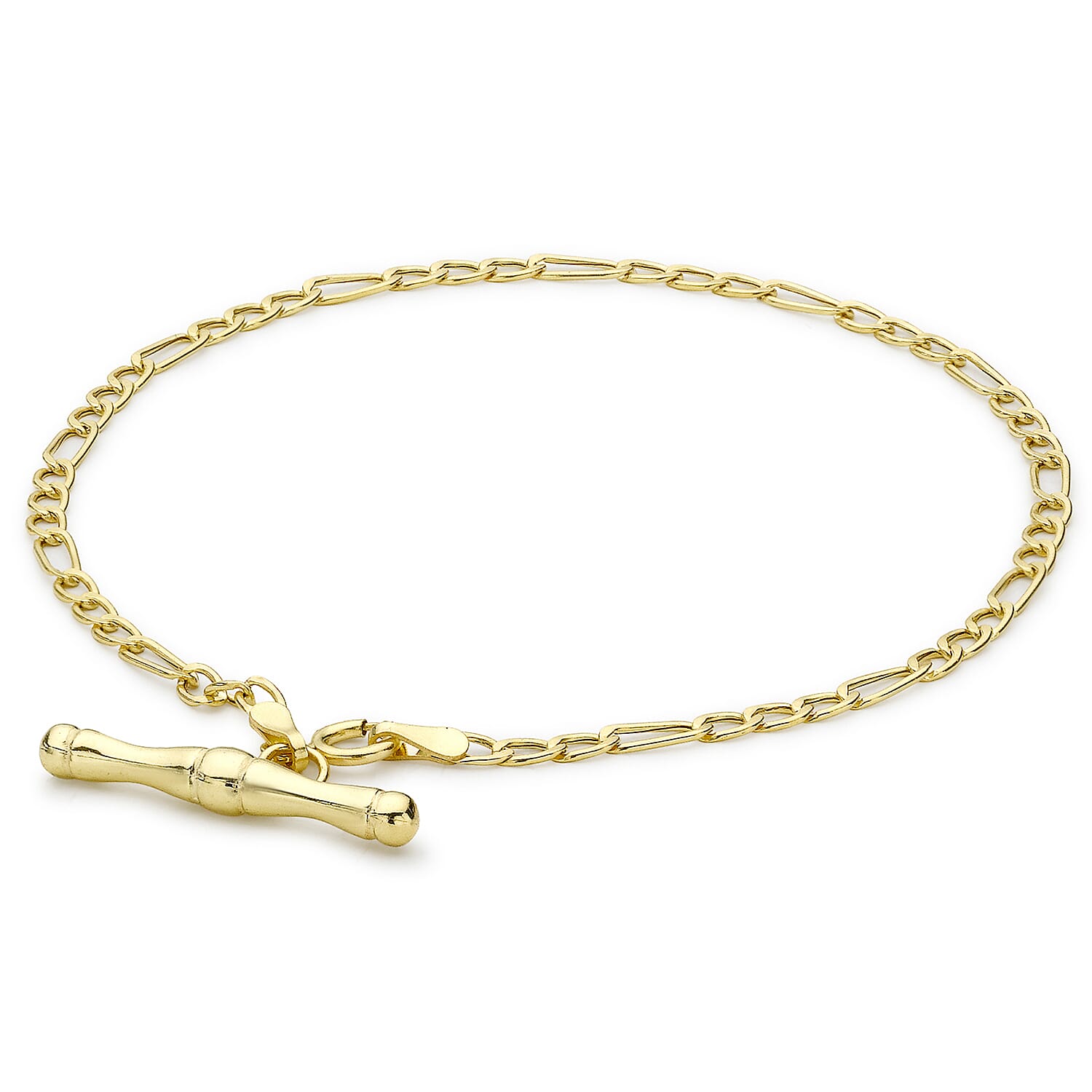 9K Yellow Gold Hollow Figaro T Bar Bracelet 7.5 Inch