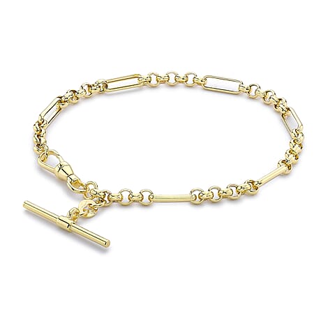 9K Yellow Gold 25mm X 1.5mm T Bar Figaro Belcher Chain Albert Clasp Bracelet 7.5 Inch