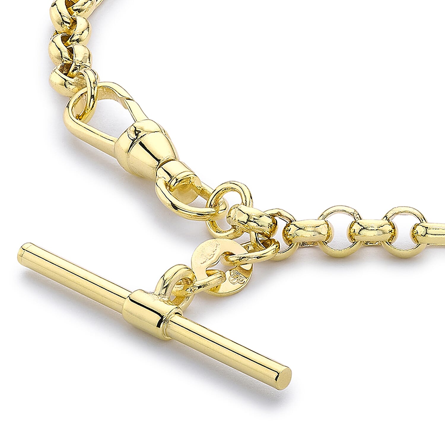 9K Yellow Gold 25mm X 1.5mm T Bar Figaro Belcher Chain Albert Clasp Bracelet 7.5 Inch