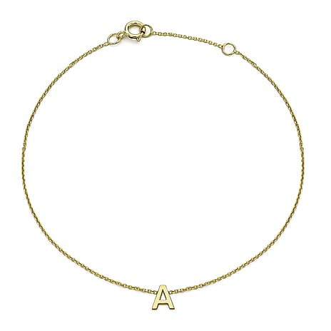 9K Yellow Gold 4mm X 4.5mm 'A' Initial Adjustable Bracelet 6 to 7.2 Inch