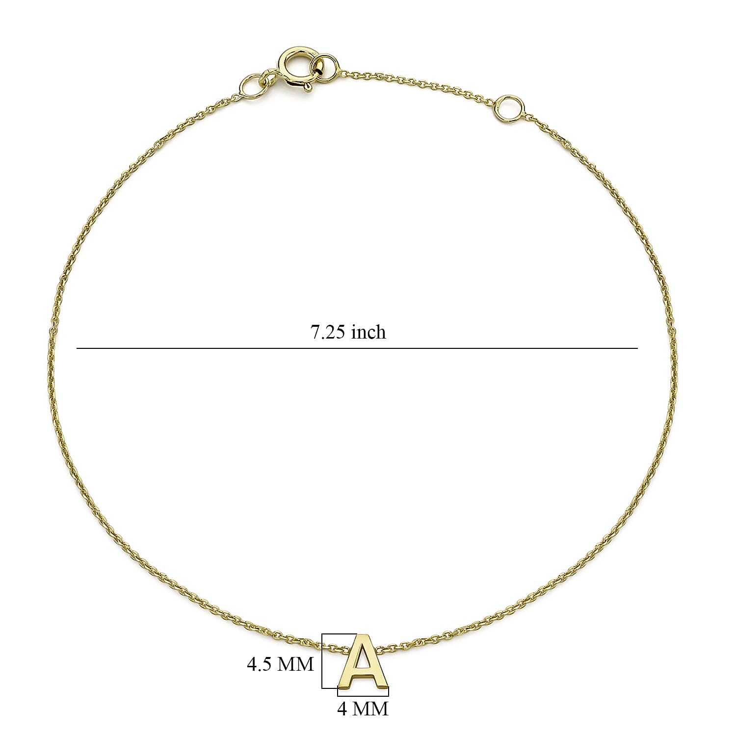 9K Yellow Gold 4mm X 4.5mm 'A' Initial Adjustable Bracelet 6 to 7.2 Inch