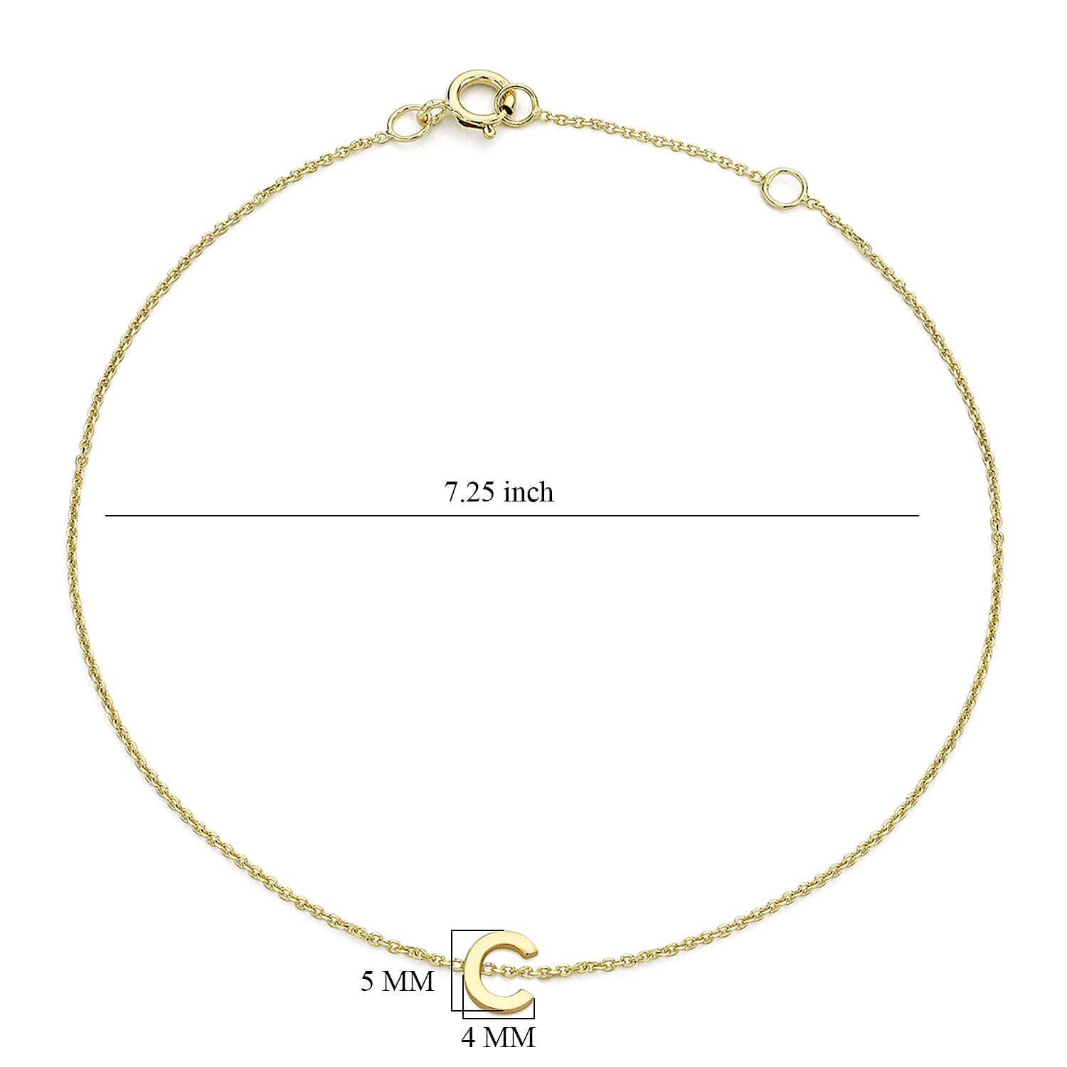 9K Yellow Gold 4mm X 5mm 'C' Initial Adjustable Bracelet 6 to 7.2 Inch