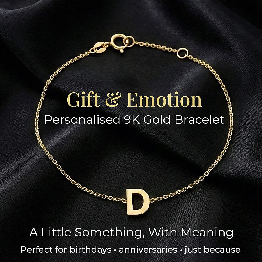 9K Yellow Gold 3.5mm X 4.5mm 'D' Initial Adjustable Bracelet 6 to 7.2 Inch