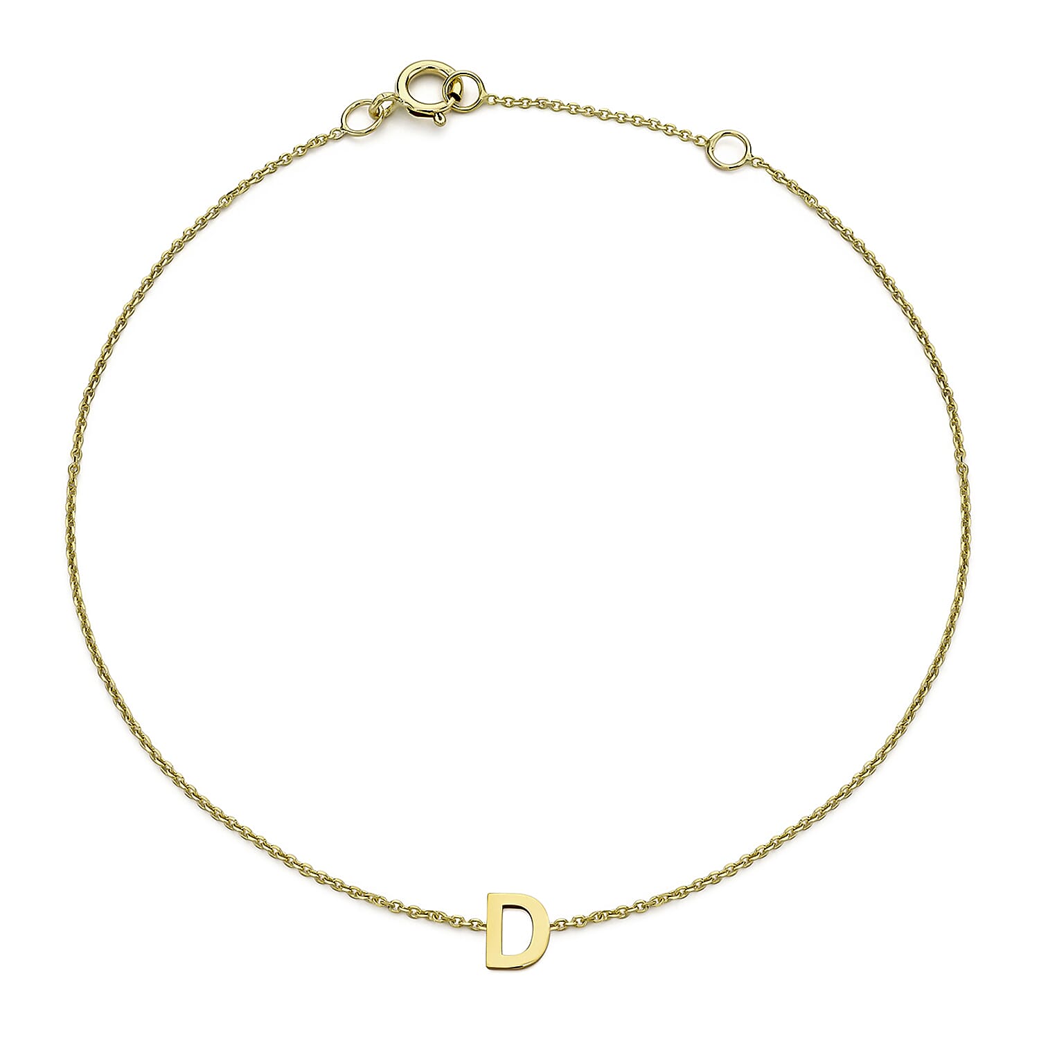 9K Yellow Gold 3.5mm X 4.5mm 'D' Initial Adjustable Bracelet 6 to 7.2 Inch