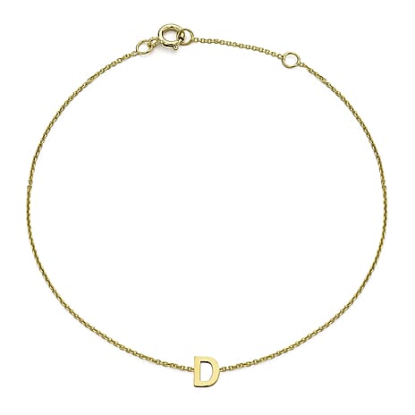9K Yellow Gold 3.5mm X 4.5mm 'D' Initial Adjustable Bracelet 6 to 7.2 Inch