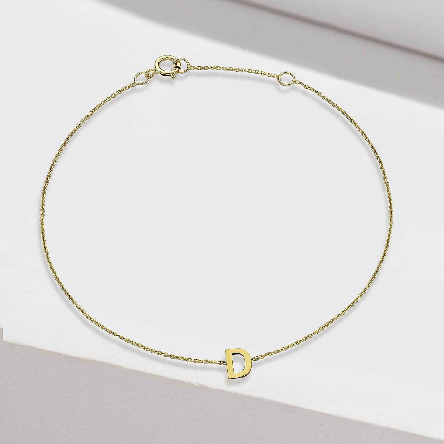 9K Yellow Gold 3.5mm X 4.5mm 'D' Initial Adjustable Bracelet 6 to 7.2 Inch