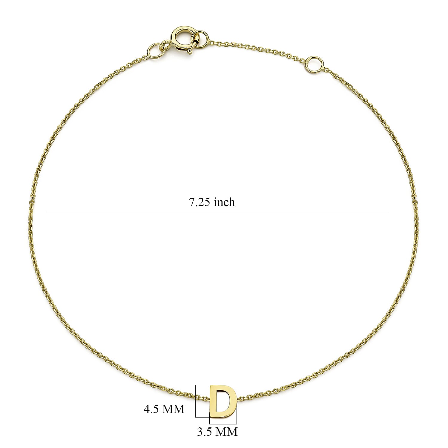 9K Yellow Gold 3.5mm X 4.5mm 'D' Initial Adjustable Bracelet 6 to 7.2 Inch