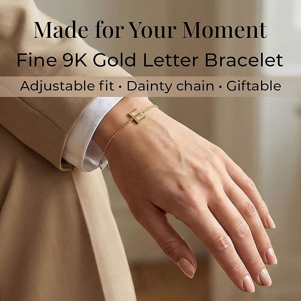 9K Yellow Gold 3.5mm X 4.5mm 'E' Initial Adjustable Bracelet 6 to 7.2 Inch