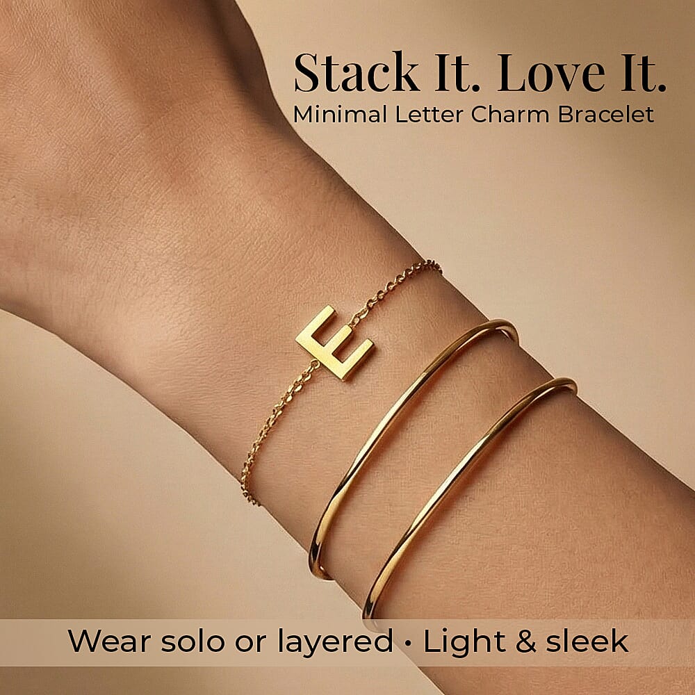 9K Yellow Gold 3.5mm X 4.5mm 'E' Initial Adjustable Bracelet 6 to 7.2 Inch