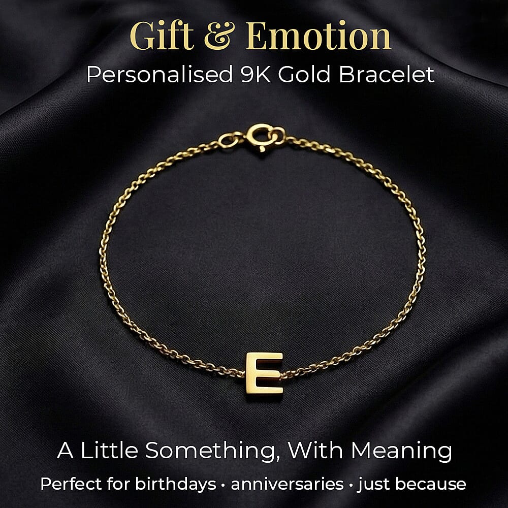 9K Yellow Gold 3.5mm X 4.5mm 'E' Initial Adjustable Bracelet 6 to 7.2 Inch