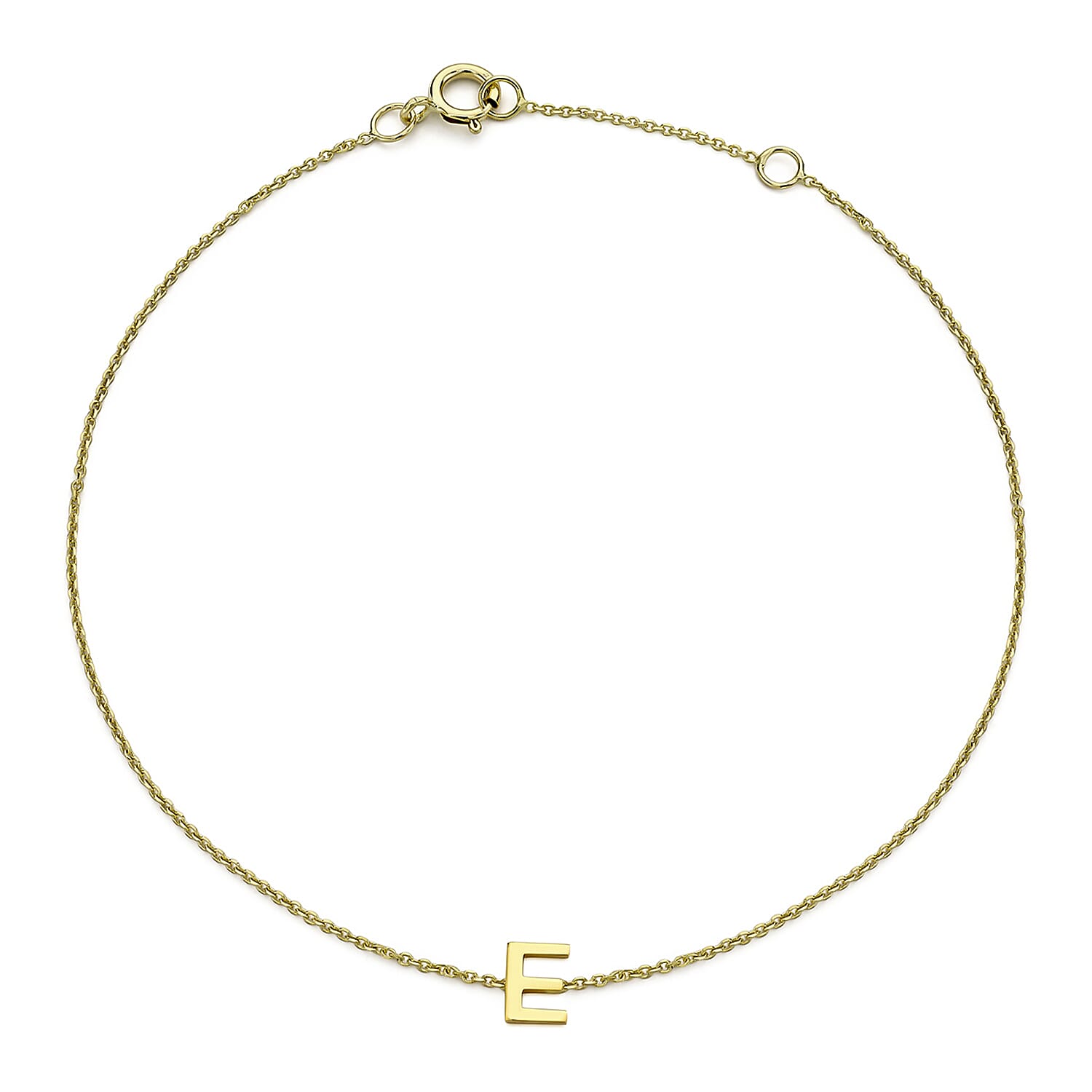 9K Yellow Gold 3.5mm X 4.5mm 'E' Initial Adjustable Bracelet 6 to 7.2 Inch