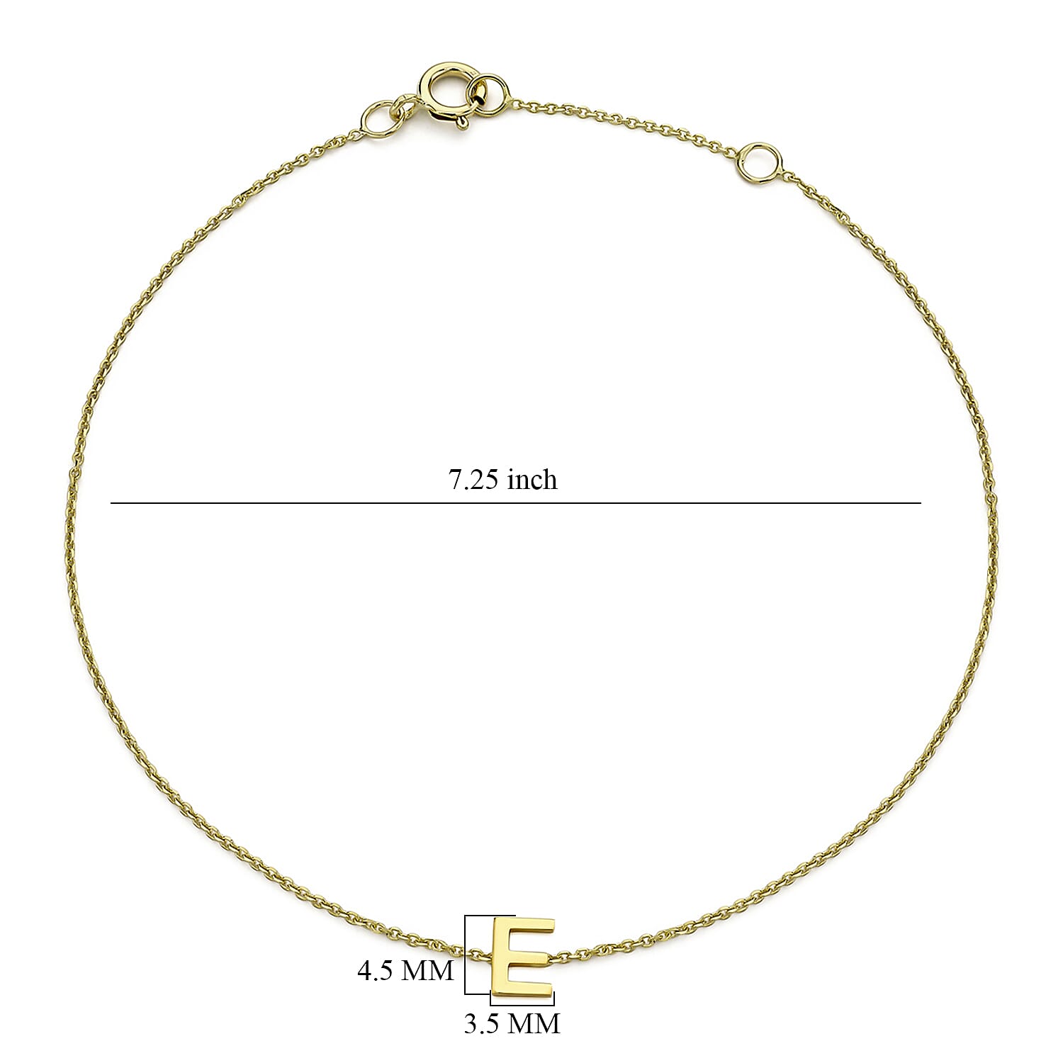 9K Yellow Gold 3.5mm X 4.5mm 'E' Initial Adjustable Bracelet 6 to 7.2 Inch