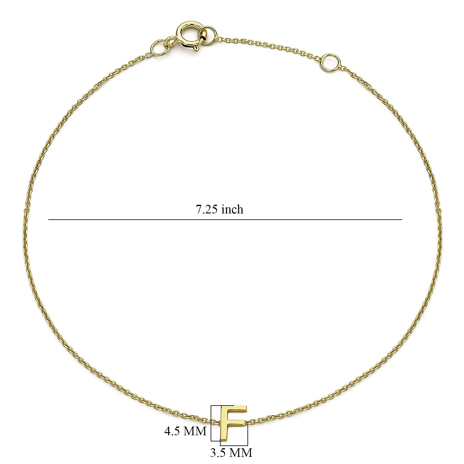 9K Yellow Gold 3.5mm X 4.5mm 'F' Initial Adjustable Bracelet 6 to 7.2 Inch