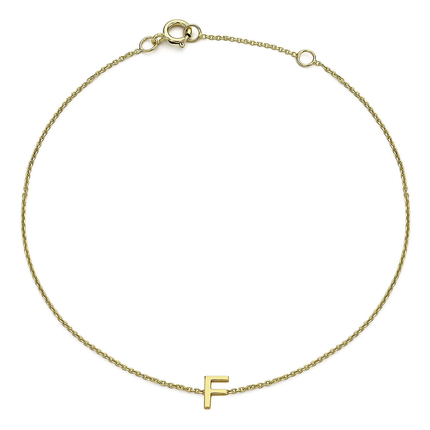 9K Yellow Gold 3.5mm X 4.5mm 'F' Initial Adjustable Bracelet 6 to 7.2 Inch