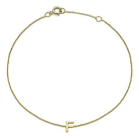 9K Yellow Gold 3.5mm X 4.5mm 'F' Initial Adjustable Bracelet 6 to 7.2 Inch