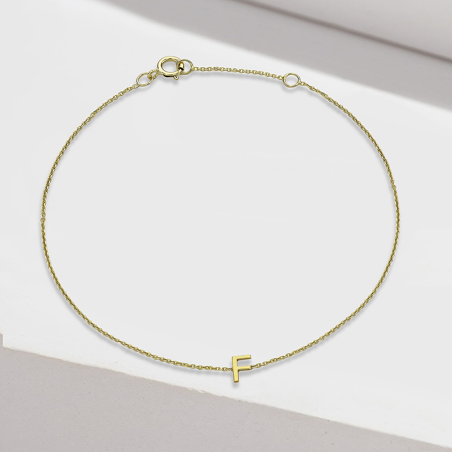 9K Yellow Gold 3.5mm X 4.5mm 'F' Initial Adjustable Bracelet 6 to 7.2 Inch