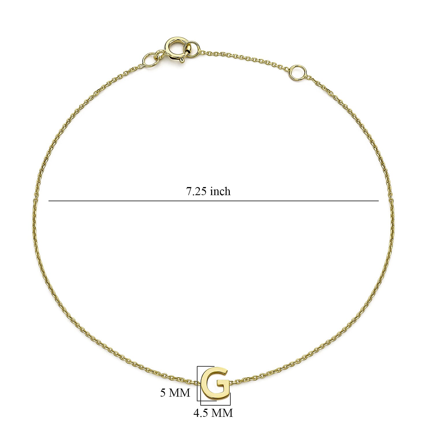 9K Yellow Gold 4.5mm X 5mm 'G' Initial Adjustable Bracelet 6 to 7.2 Inch