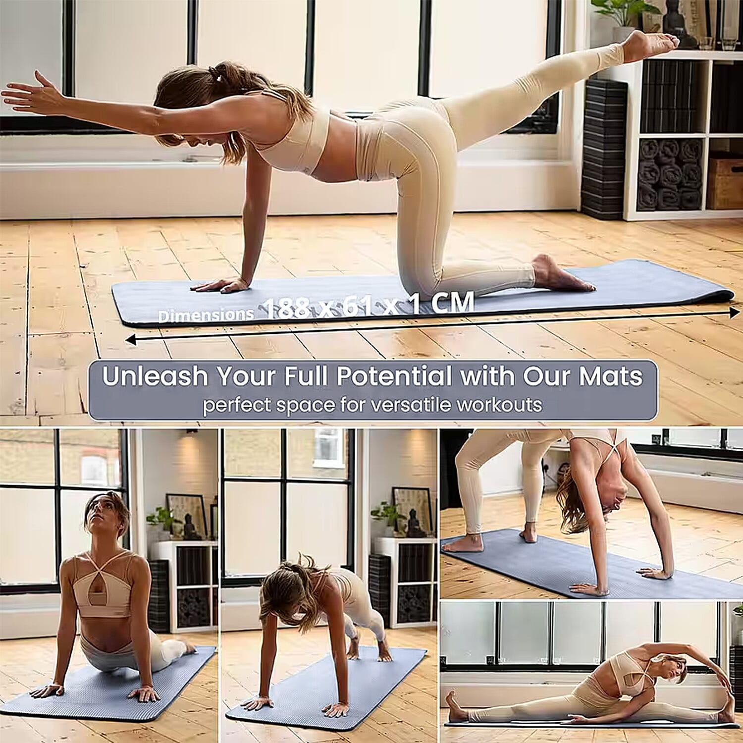 Soul Smart NBR Yoga Mat Non Slip Exercise - Pilates Mat with Carrying Strap (Size 188x61 cm) - Grey