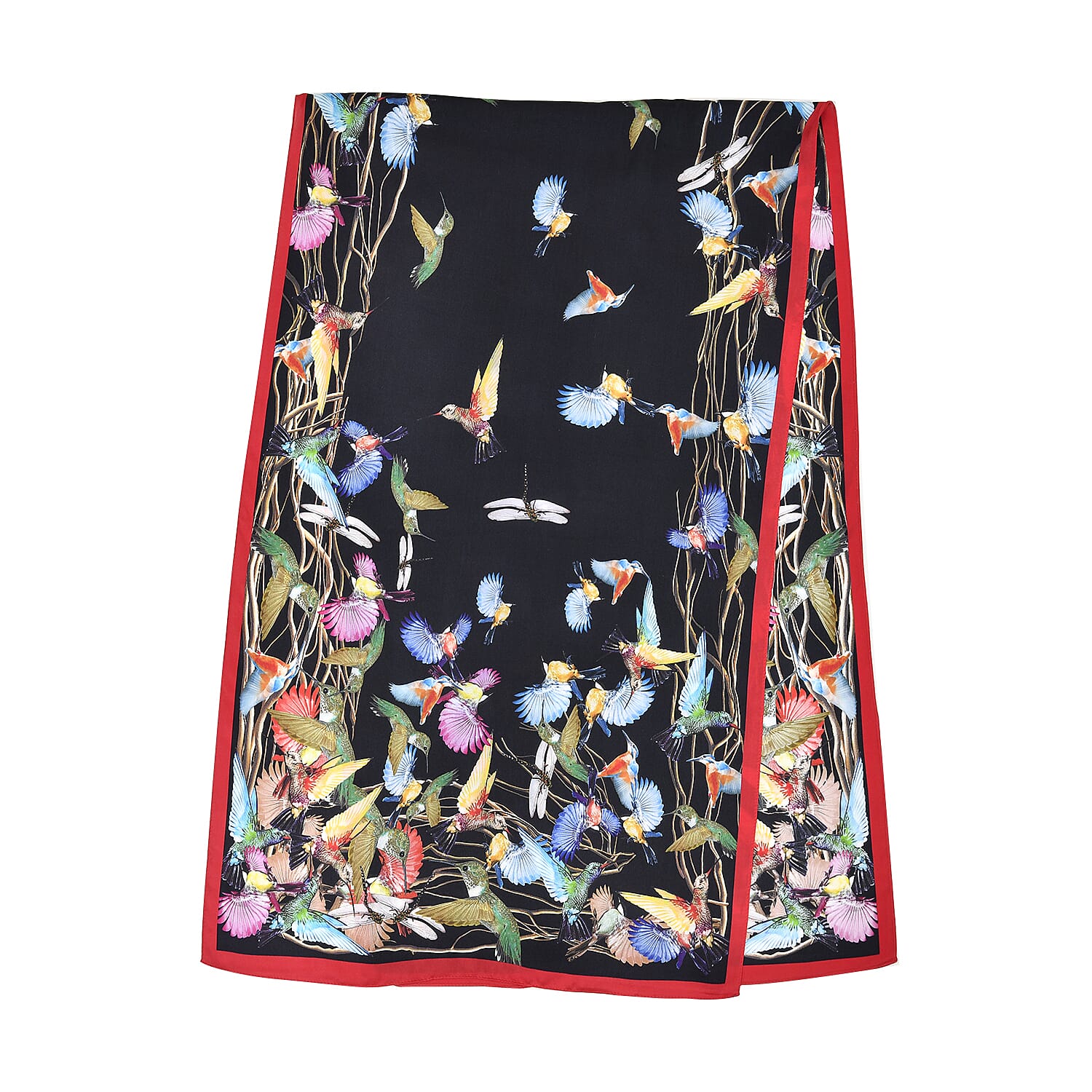 La Marey Silk Bird Pattern Satin Scarf - Black