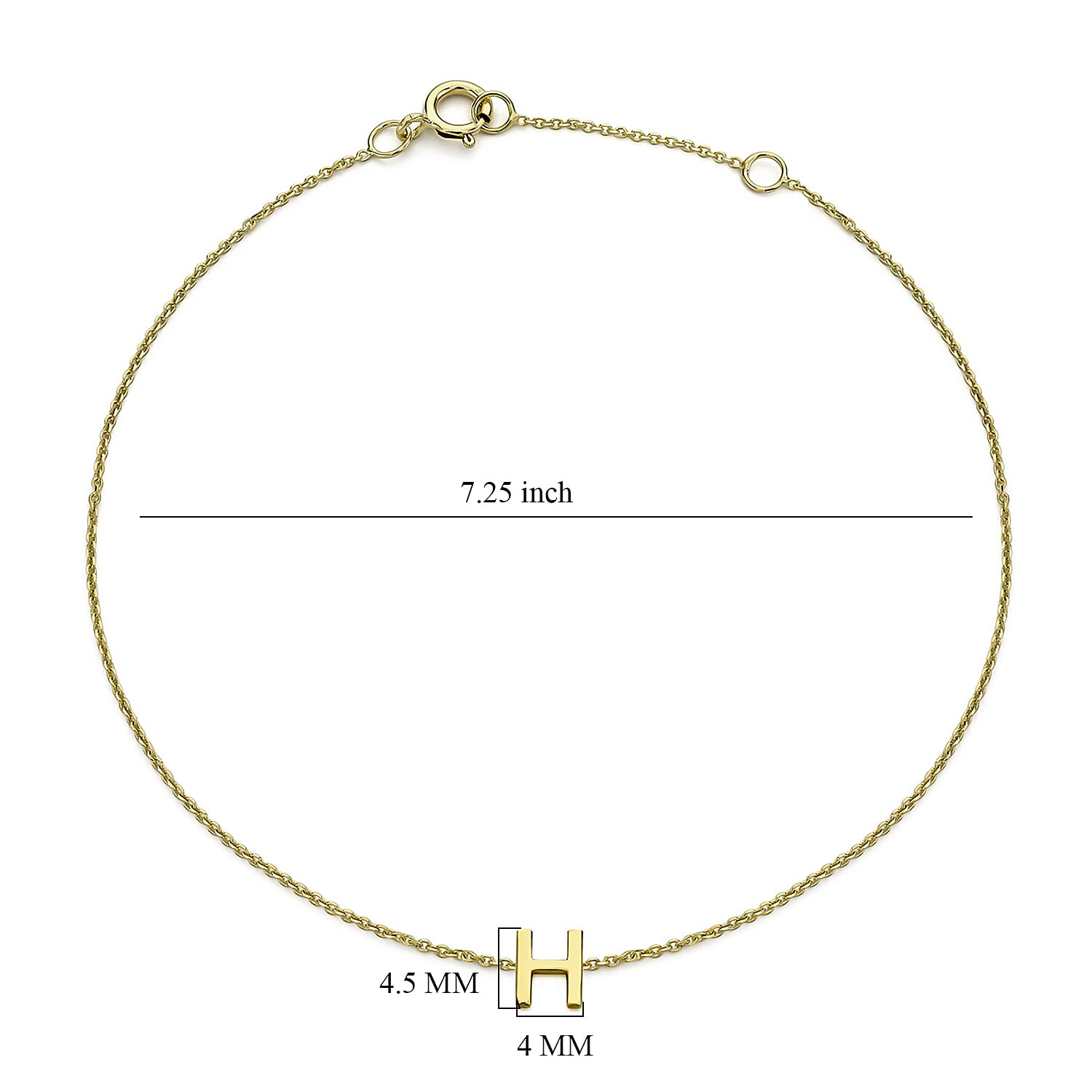 9K Yellow Gold 4mm X 4.5mm 'H' Initial Adjustable Bracelet 6 to 7.2 Inch