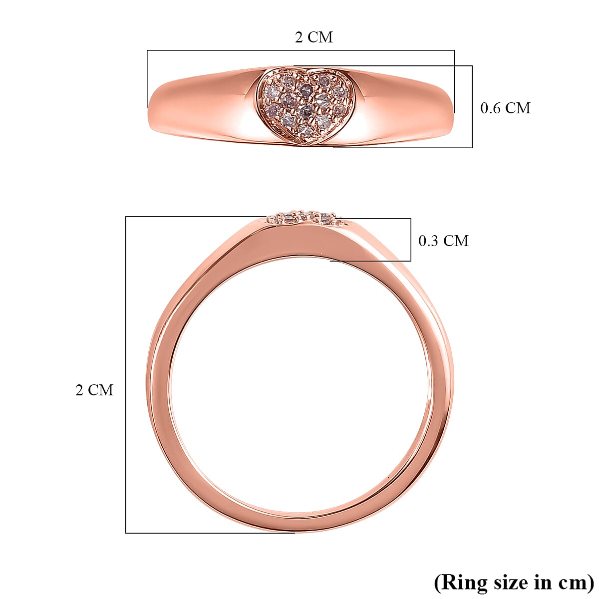 9K Rose Gold Pink Diamond (I3) Heart Band Ring 0.06 Ct