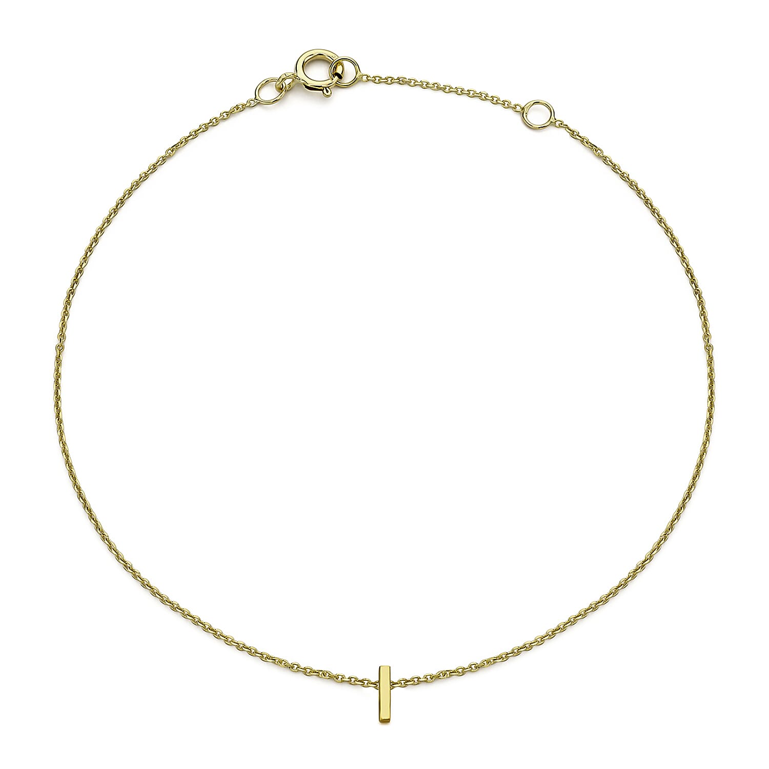 9K Yellow Gold 1mm X 4.5mm 'I' Initial Adjustable Bracelet 6 to 7.2 Inch
