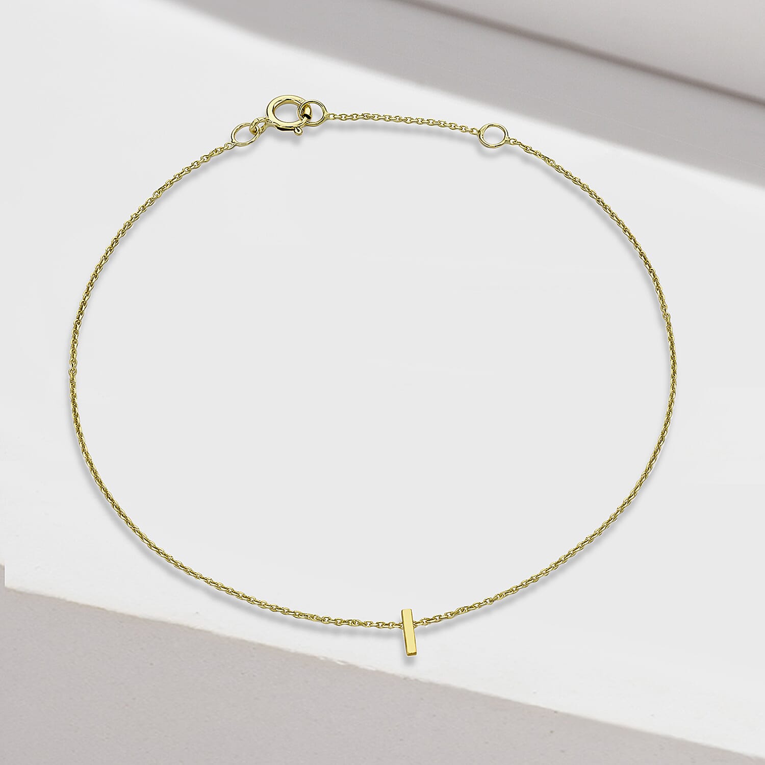 9K Yellow Gold 1mm X 4.5mm 'I' Initial Adjustable Bracelet 6 to 7.2 Inch