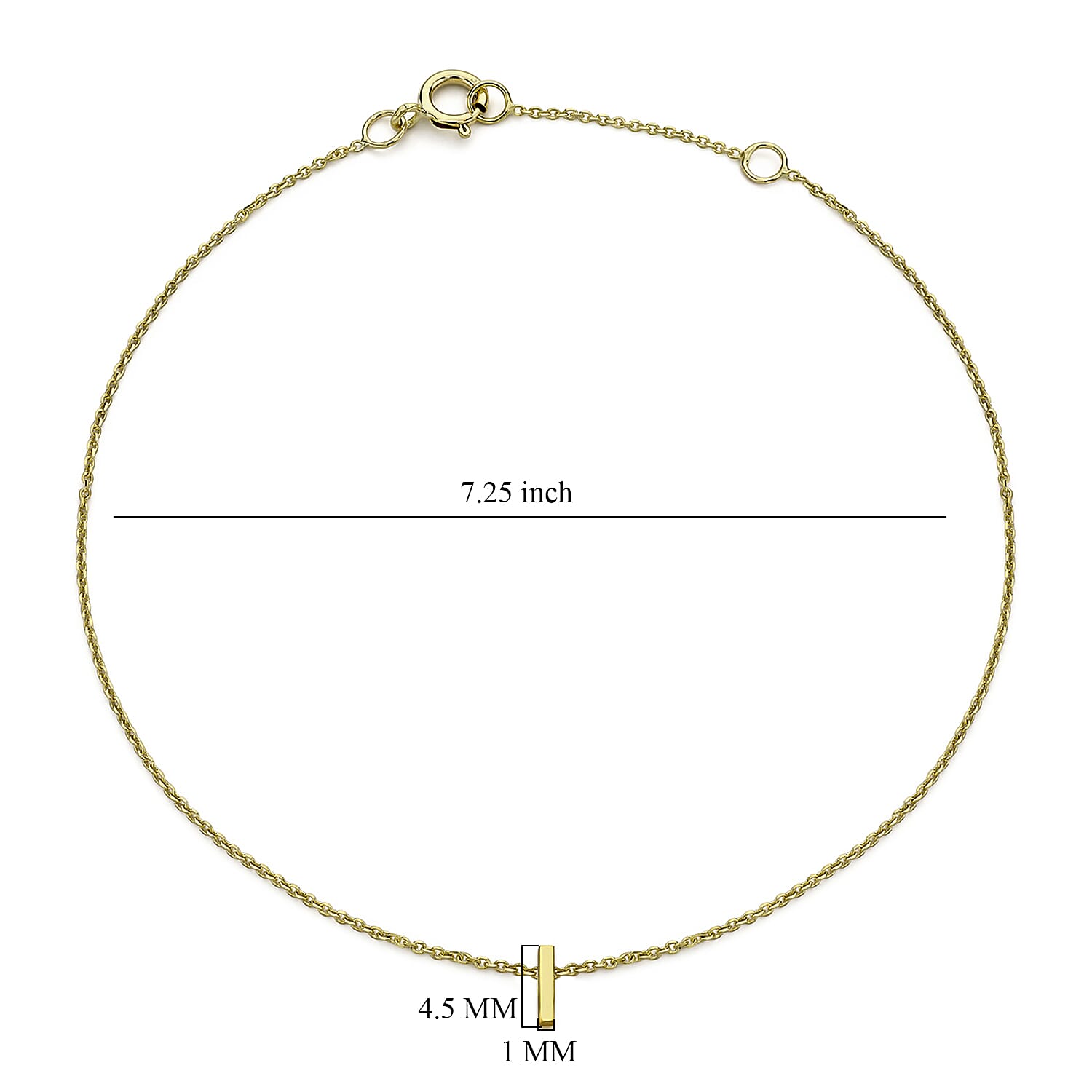 9K Yellow Gold 1mm X 4.5mm 'I' Initial Adjustable Bracelet 6 to 7.2 Inch