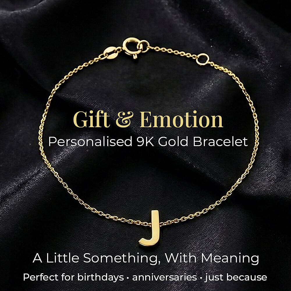 9K Yellow Gold 2.5mm X 5mm 'J' Initial Adjustable Bracelet 6 to 7.2 Inch