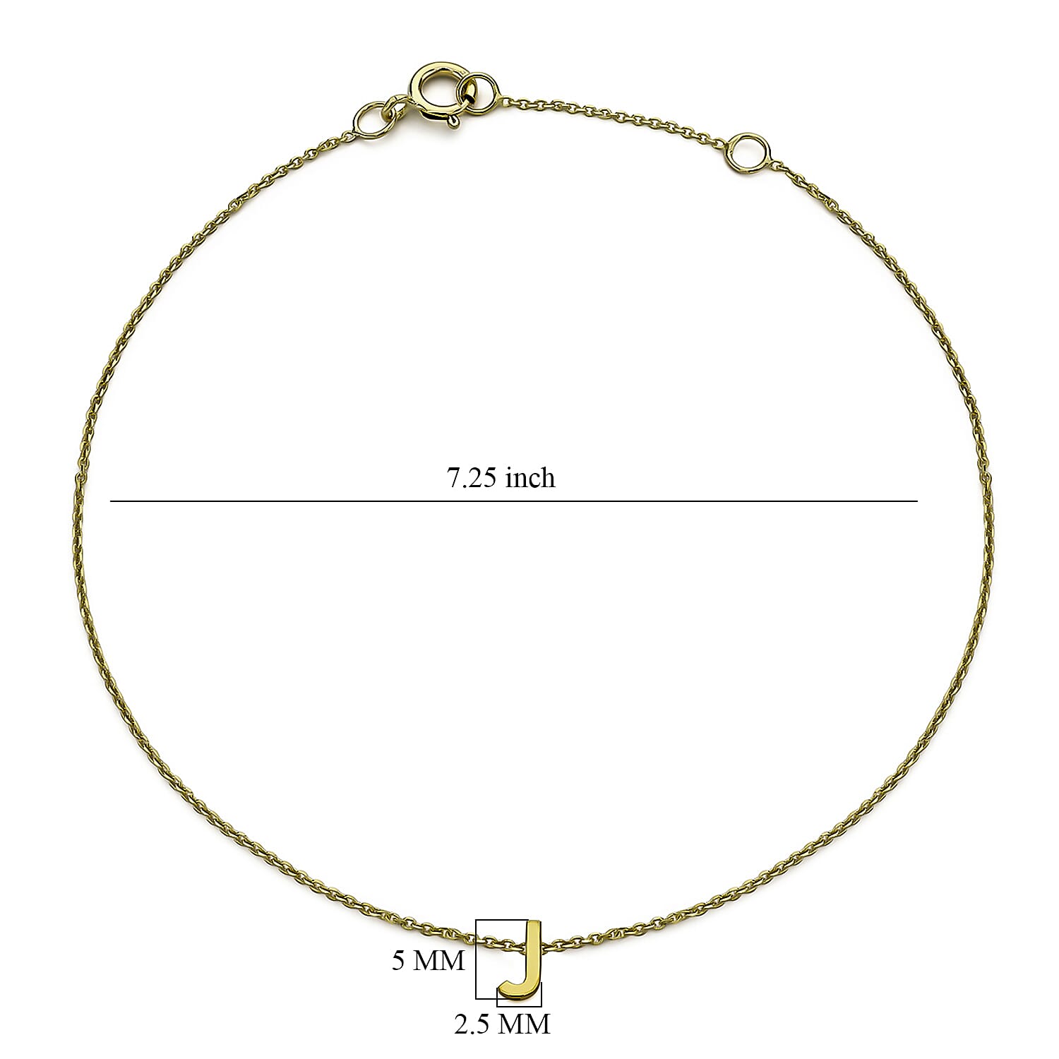 9K Yellow Gold 2.5mm X 5mm 'J' Initial Adjustable Bracelet 6 to 7.2 Inch