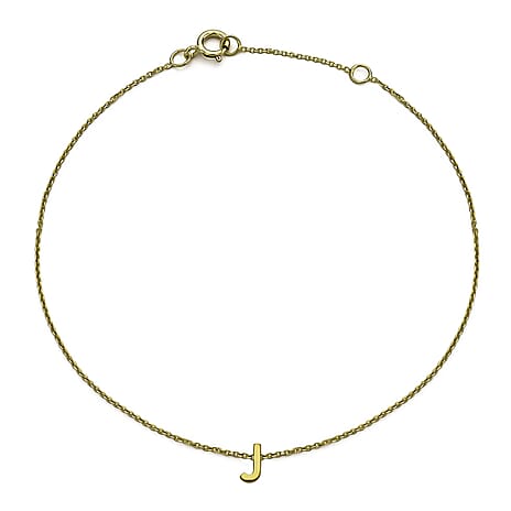 9K Yellow Gold 2.5mm X 5mm 'J' Initial Adjustable Bracelet 6 to 7.2 Inch