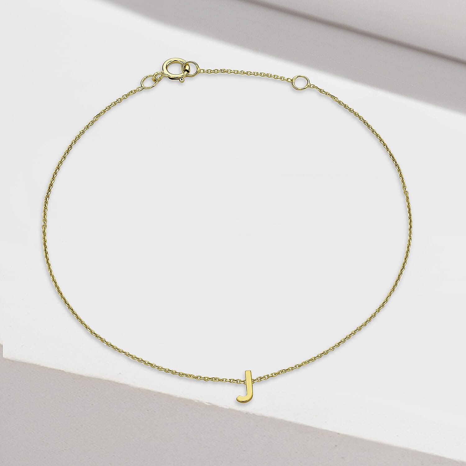 9K Yellow Gold 2.5mm X 5mm 'J' Initial Adjustable Bracelet 6 to 7.2 Inch