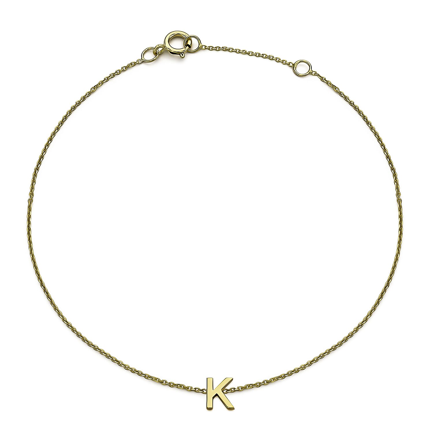 9K Yellow Gold 4mm X 5mm 'K' Initial Adjustable Bracelet 6 to 7.2 Inch