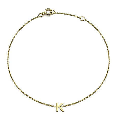 9K Yellow Gold 4mm X 5mm 'K' Initial Adjustable Bracelet 6 to 7.2 Inch