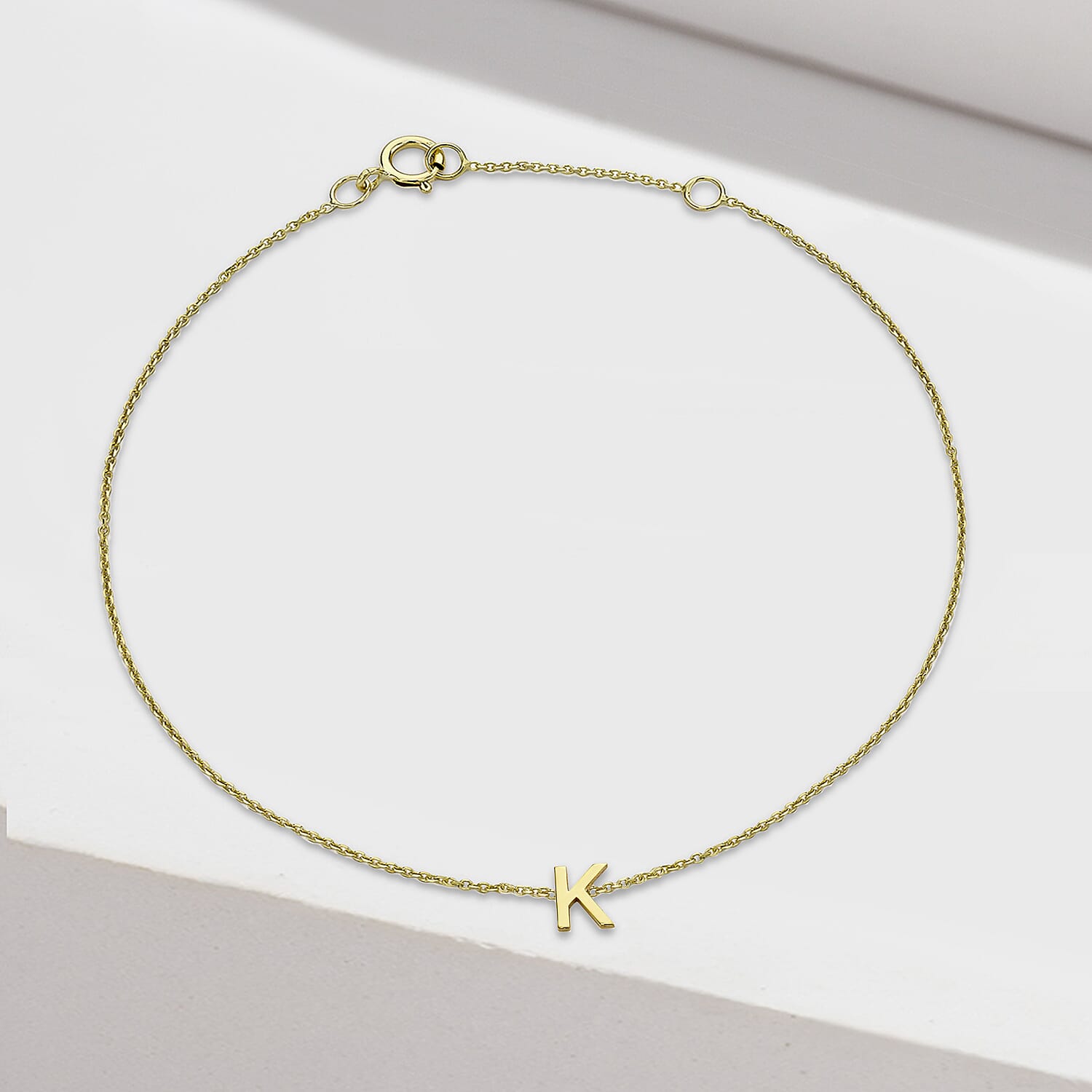 9K Yellow Gold 4mm X 5mm 'K' Initial Adjustable Bracelet 6 to 7.2 Inch
