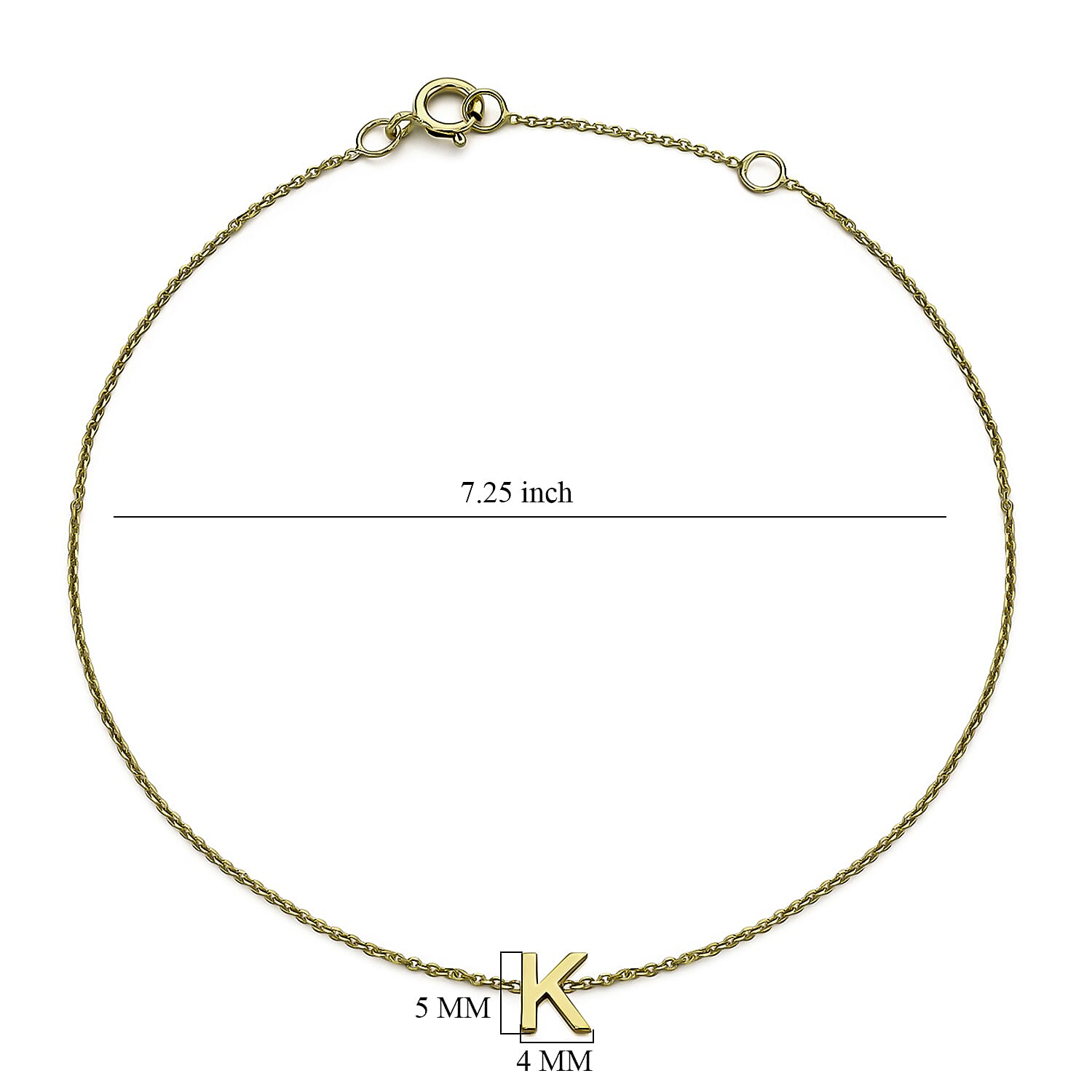 9K Yellow Gold 4mm X 5mm 'K' Initial Adjustable Bracelet 6 to 7.2 Inch