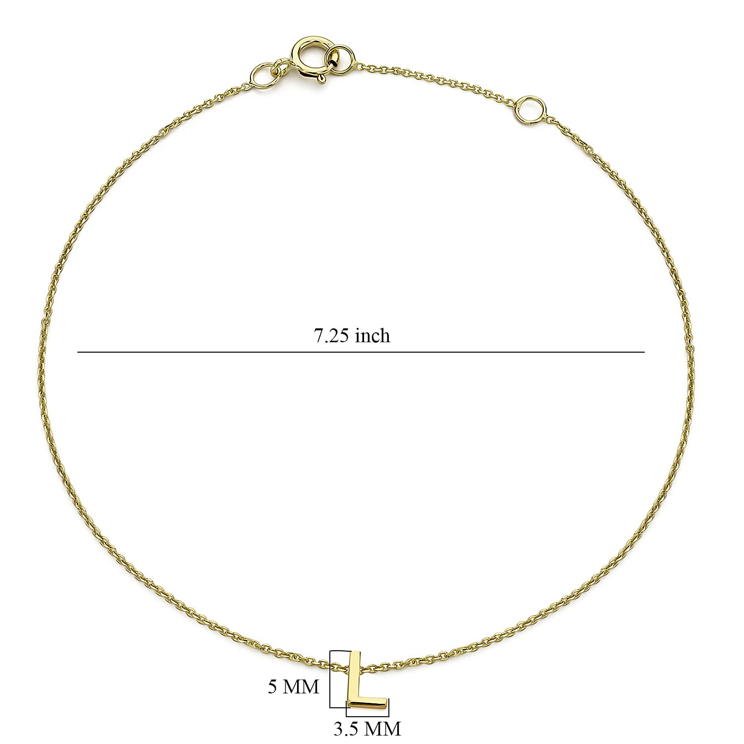 9K Yellow Gold 3.5mm X 5mm 'L' Initial Adjustable Bracelet 6 to 7.2 Inch