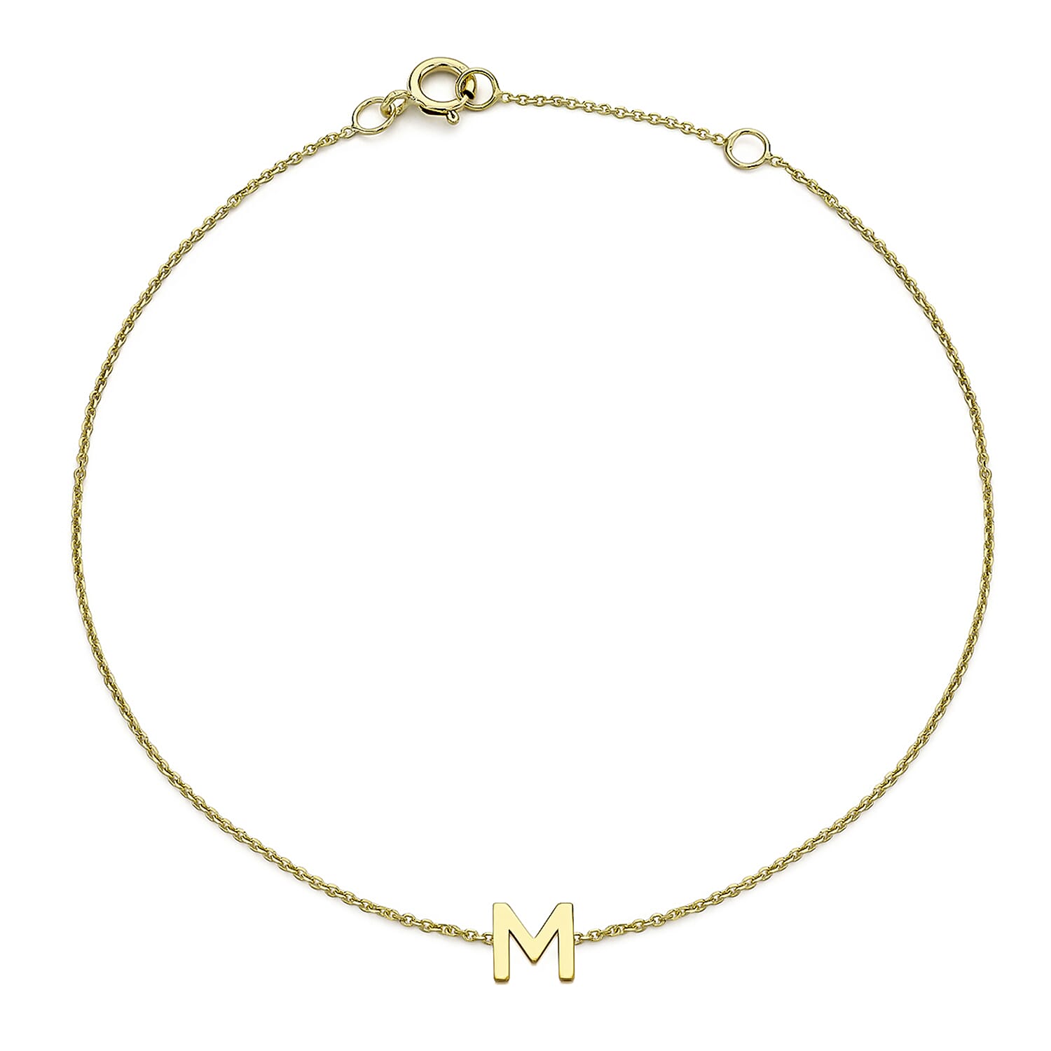 9K Yellow Gold 4.5mm X 5mm 'M' Initial Adjustable Bracelet 6 to 7.2 Inch