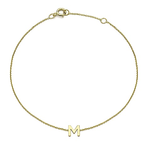 9K Yellow Gold 4.5mm X 5mm 'M' Initial Adjustable Bracelet 6 to 7.2 Inch
