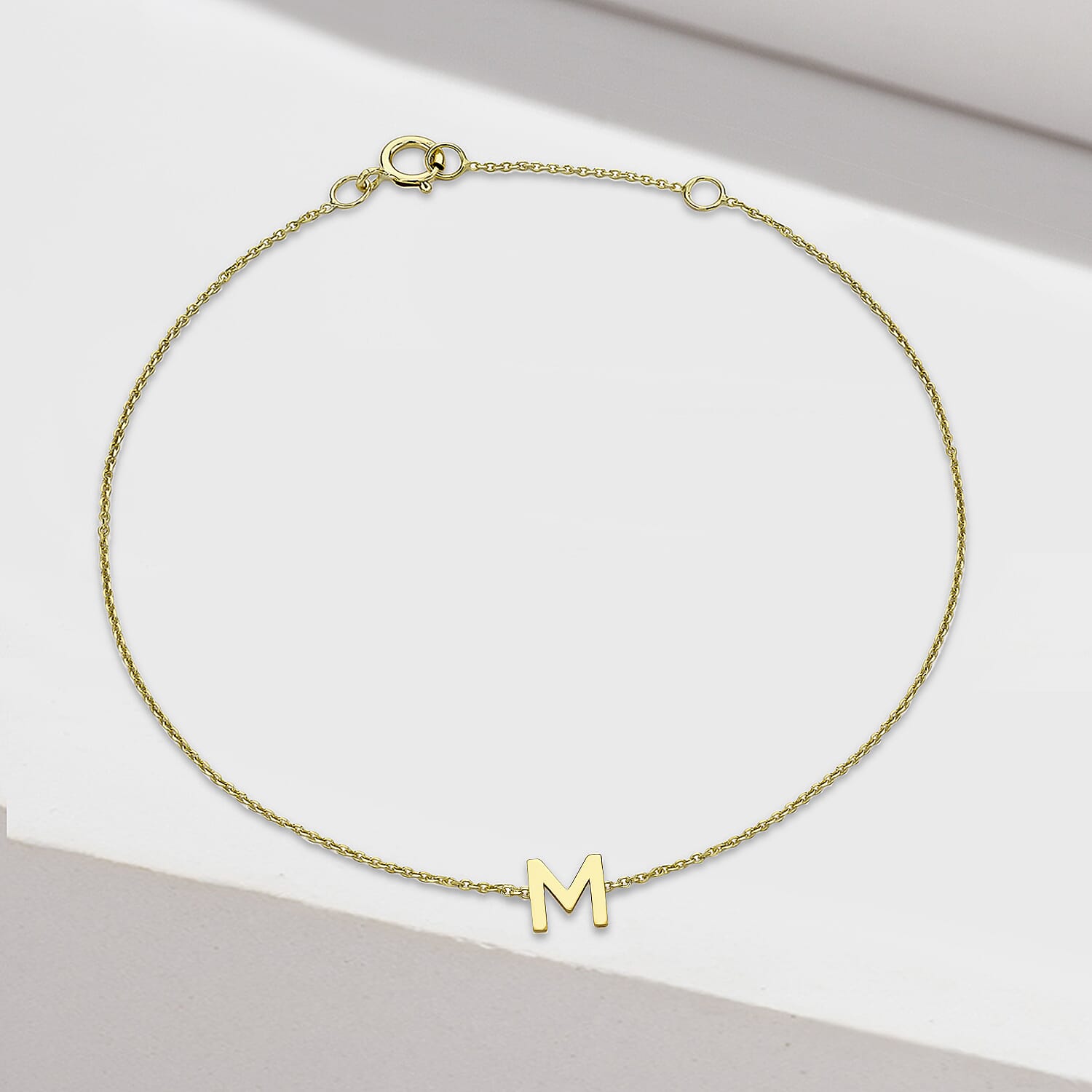 9K Yellow Gold 4.5mm X 5mm 'M' Initial Adjustable Bracelet 6 to 7.2 Inch