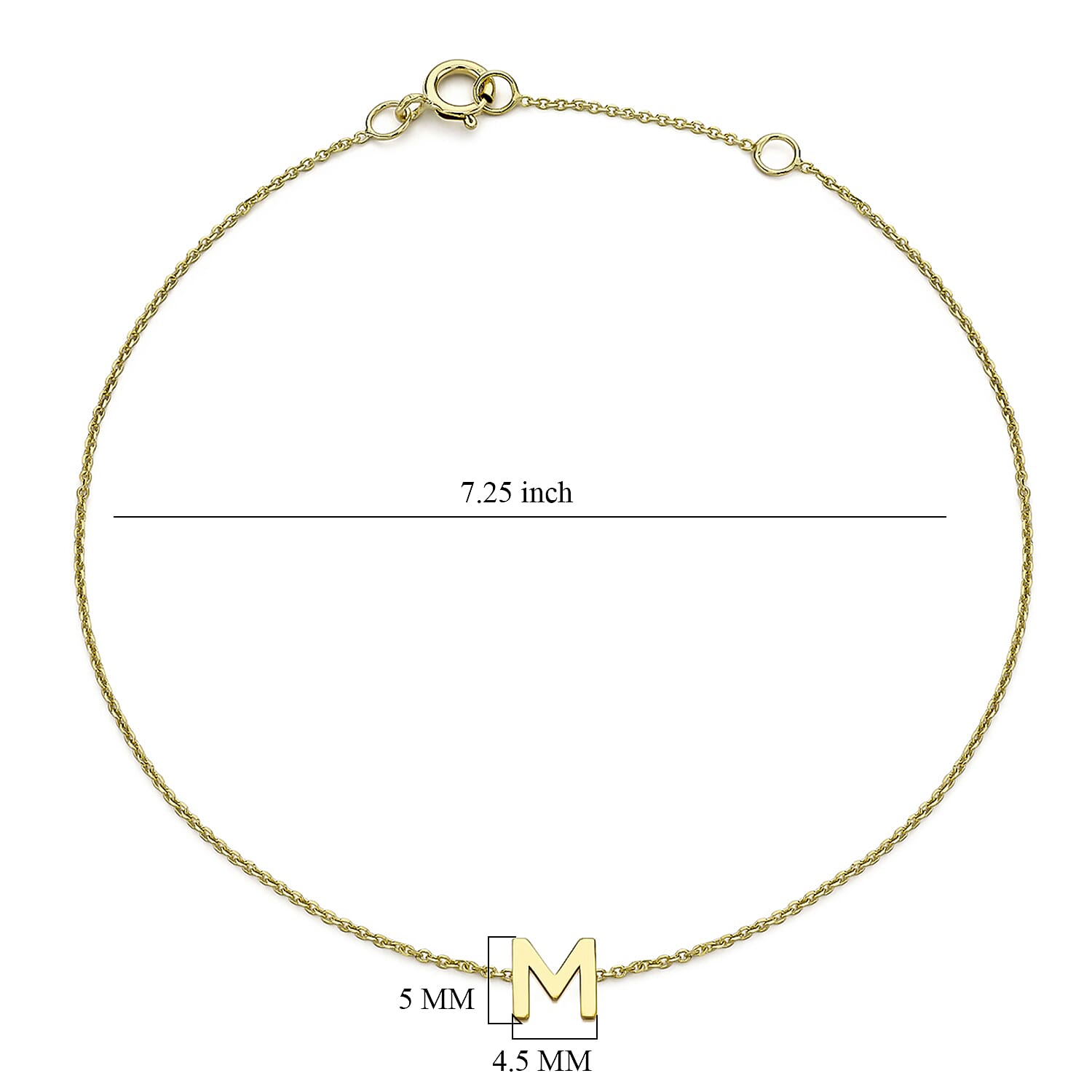 9K Yellow Gold 4.5mm X 5mm 'M' Initial Adjustable Bracelet 6 to 7.2 Inch