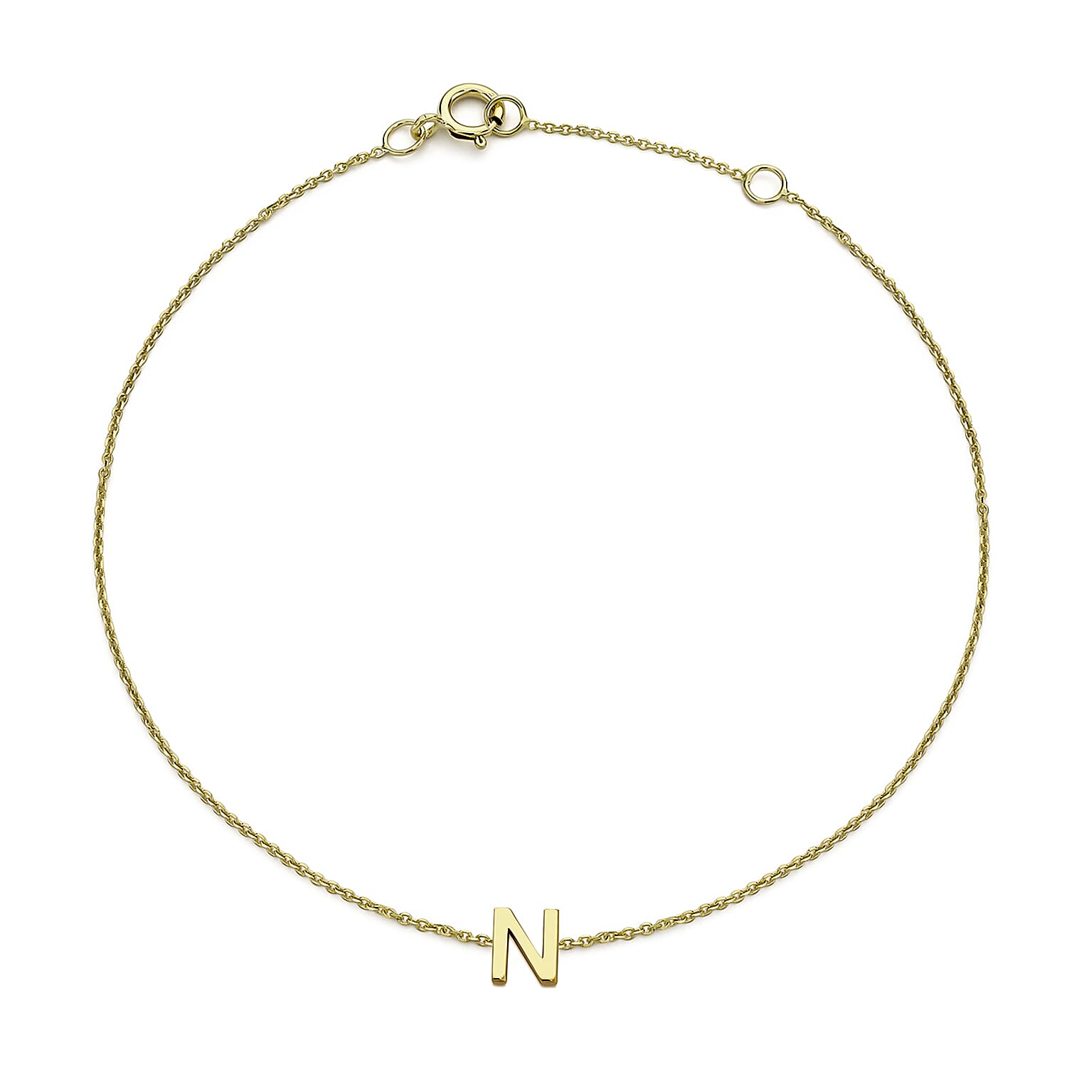 9K Yellow Gold 4mm X 5mm 'N' Initial Adjustable Bracelet 6 to 7.2 Inch