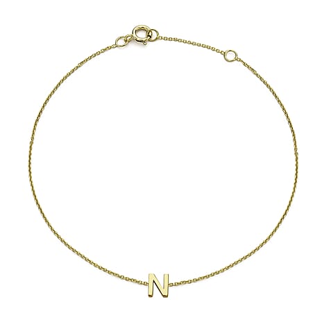 9K Yellow Gold 4mm X 5mm 'N' Initial Adjustable Bracelet 6 to 7.2 Inch