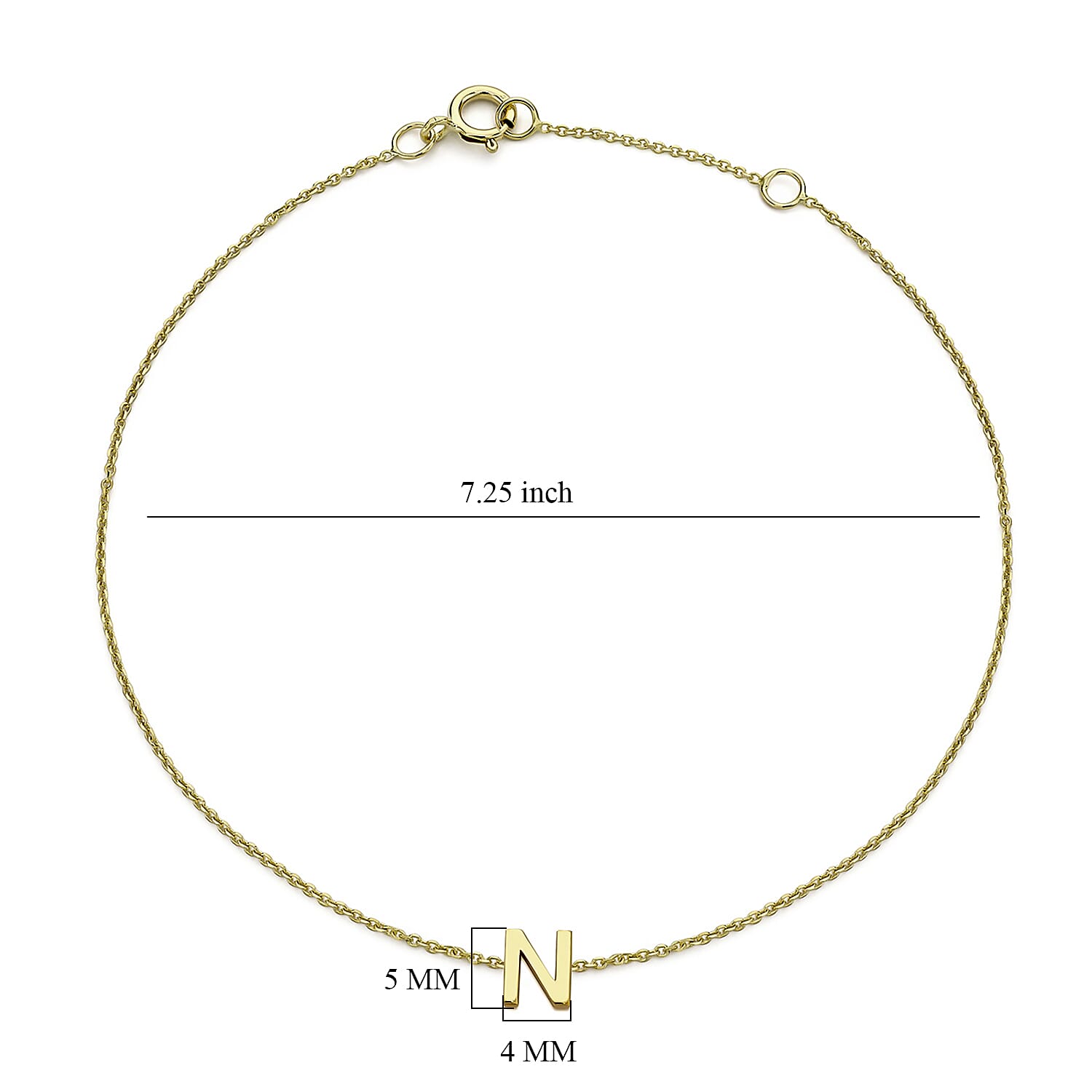 9K Yellow Gold 4mm X 5mm 'N' Initial Adjustable Bracelet 6 to 7.2 Inch