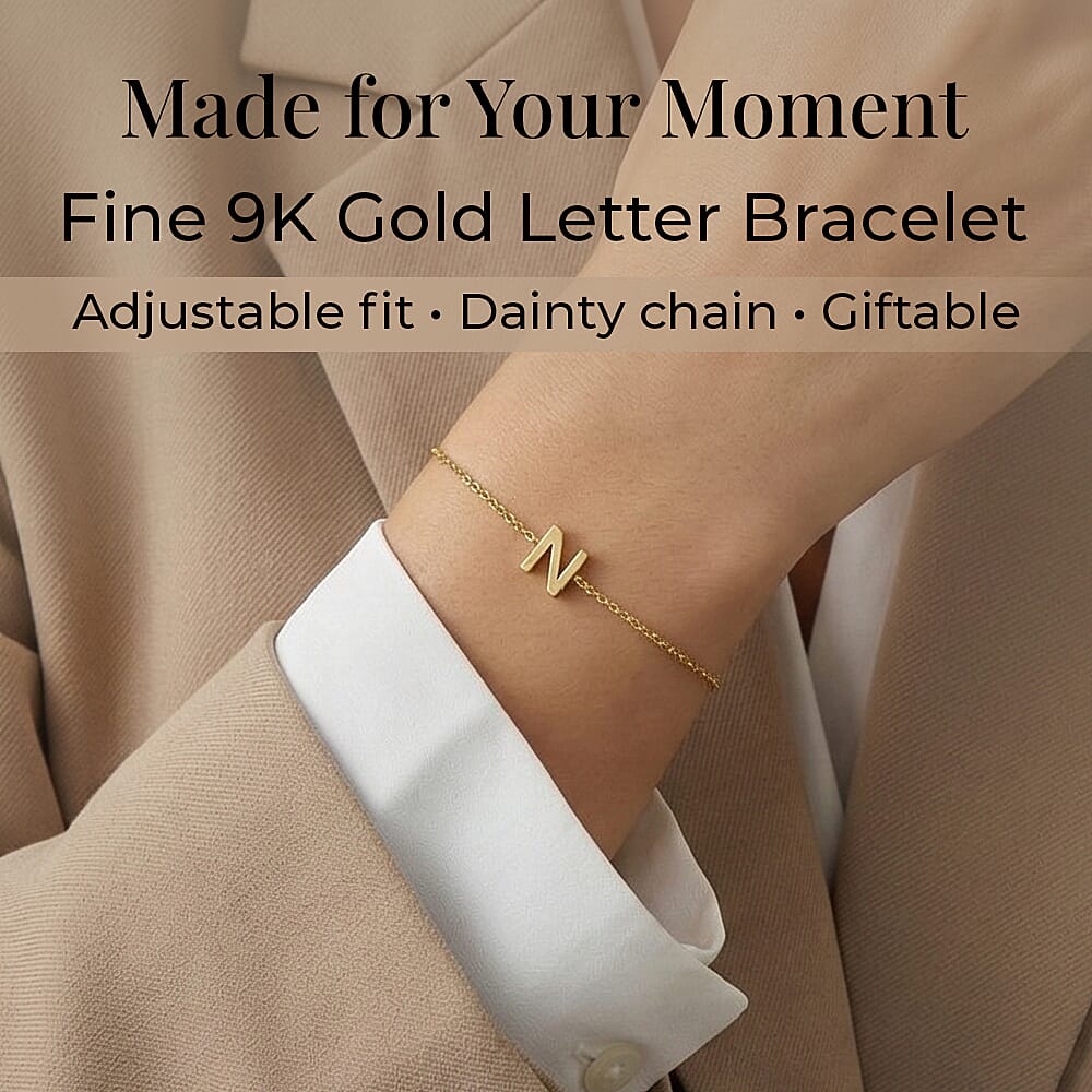 9K Yellow Gold 4mm X 5mm 'N' Initial Adjustable Bracelet 6 to 7.2 Inch