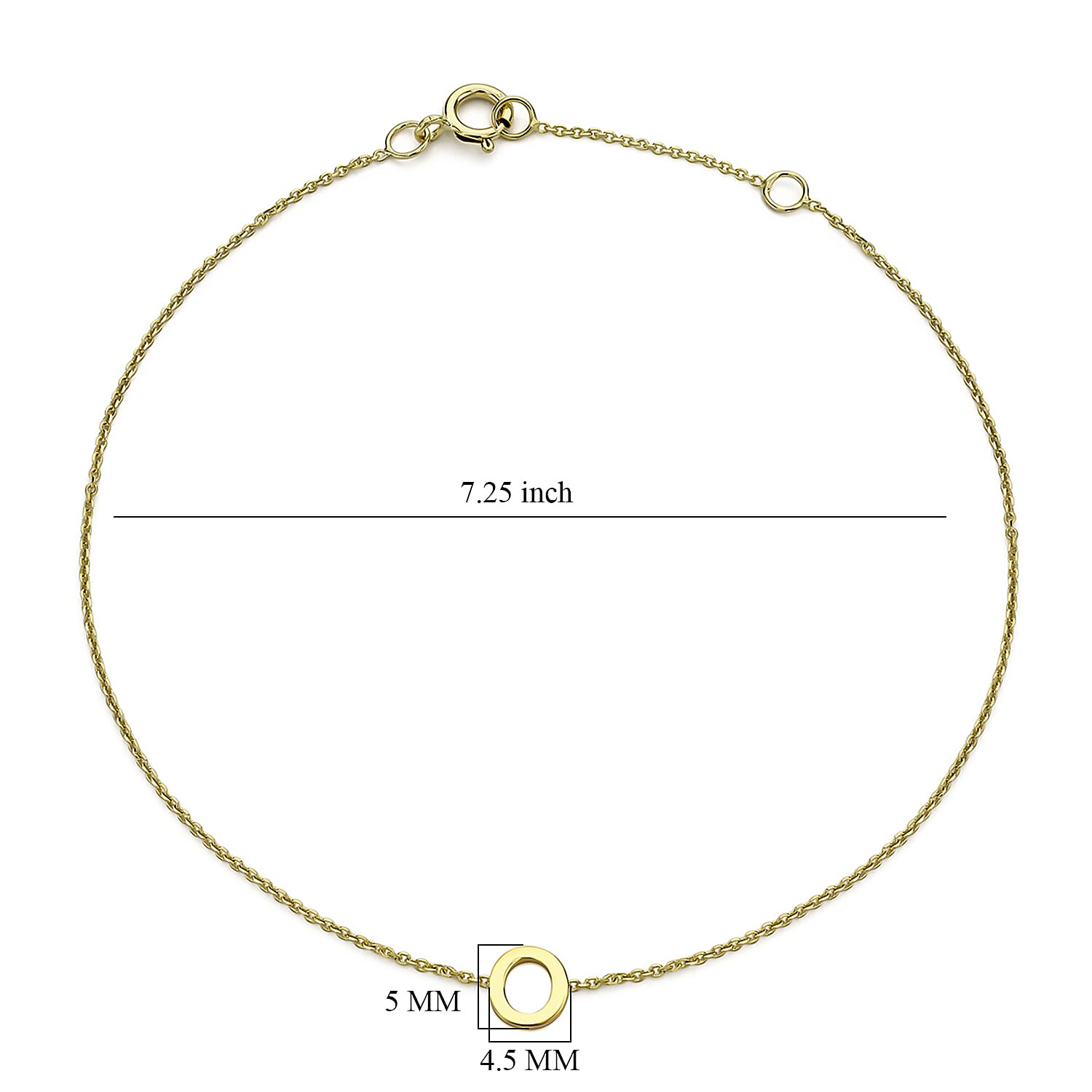 9K Yellow Gold 4.5mm X 5mm 'O' Initial Adjustable Bracelet 6 to 7.2 Inch