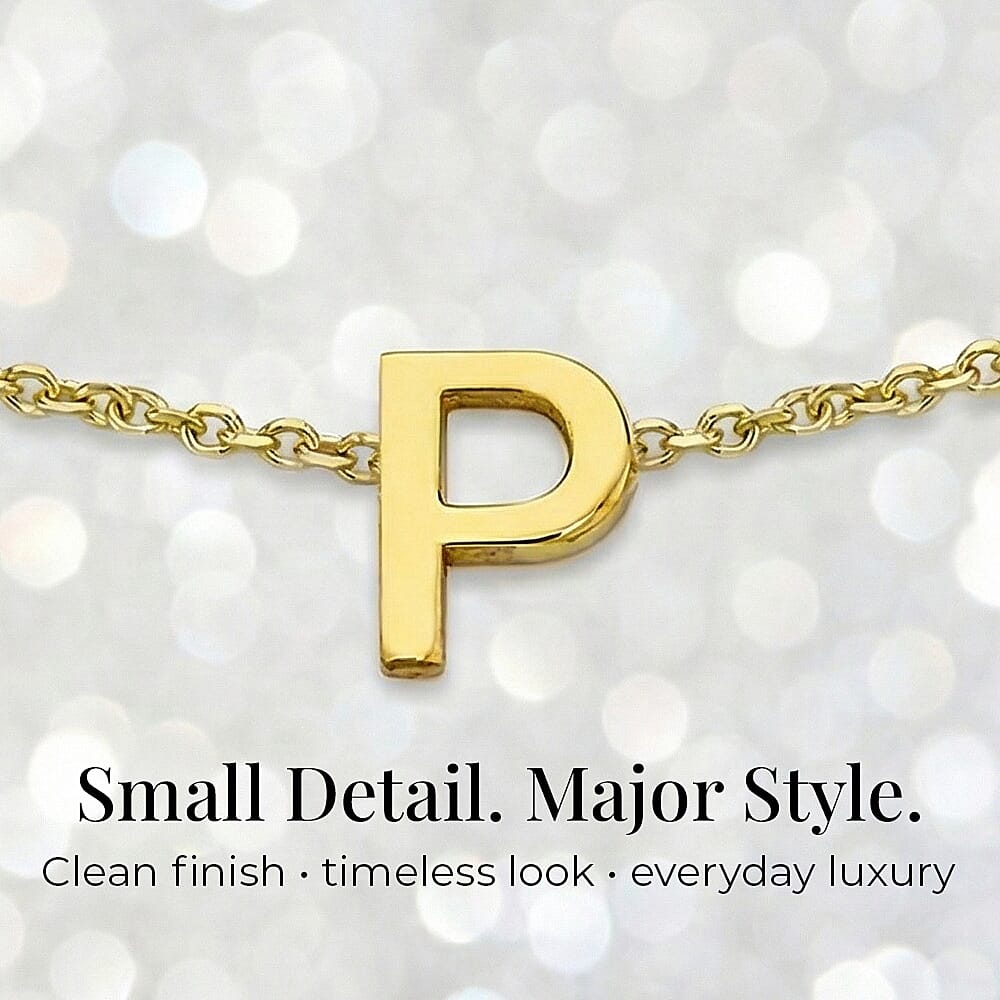 9K Yellow Gold 3.5mm X 5mm 'P' Initial Adjustable Bracelet 6 to 7.2 Inch