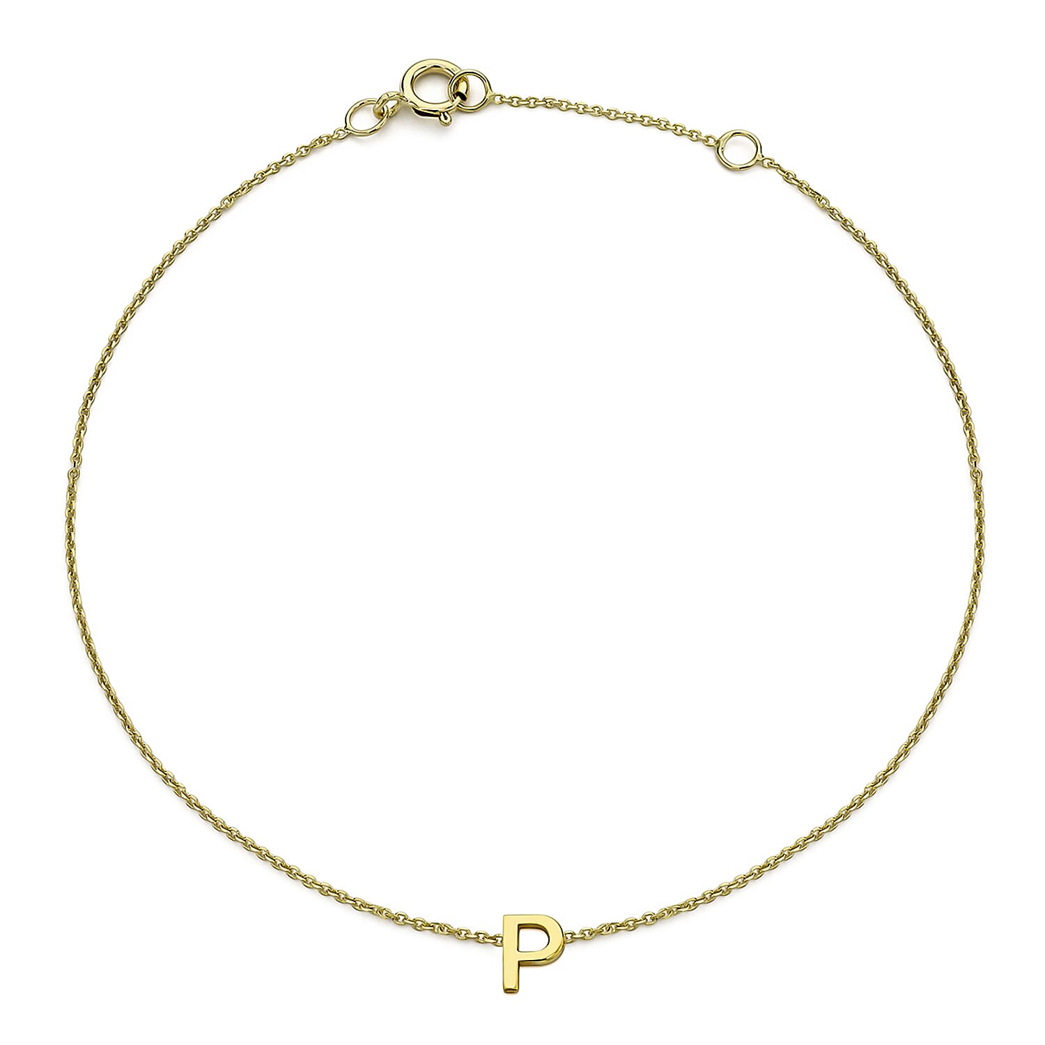 9K Yellow Gold 3.5mm X 5mm 'P' Initial Adjustable Bracelet 6 to 7.2 Inch