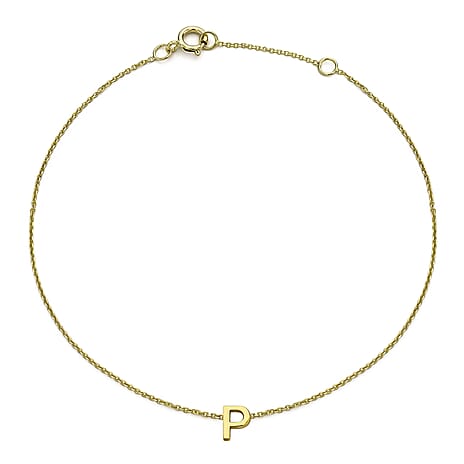 9K Yellow Gold 3.5mm X 5mm 'P' Initial Adjustable Bracelet 6 to 7.2 Inch